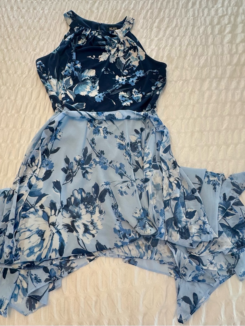 SLNY Navy and Light Blue Floral Halter Dress